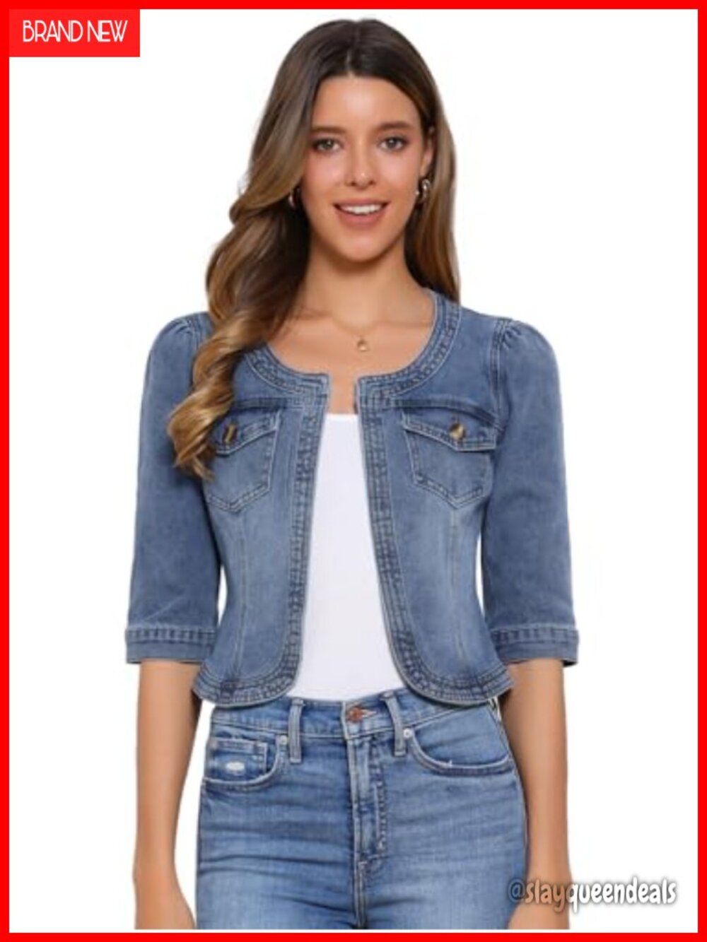 Women's Denim Cardigan 3/4 Sleeve Collarless Jean Jacket Button Front